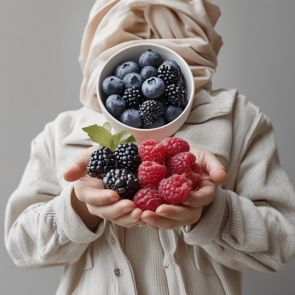 Mangkuk berisi bermacam buah beri segar: blueberry, stroberi, raspberry, dan blackberry yang kaya warna biru, merah, dan ungu di atas permukaan marmer putih