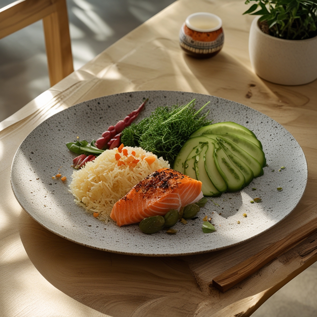 Piring makan sehat berisi nasi merah, potongan salmon panggang berwarna merah muda, brokoli hijau kukus, dan irisan alpukat, disajikan di atas meja kayu putih bersih
