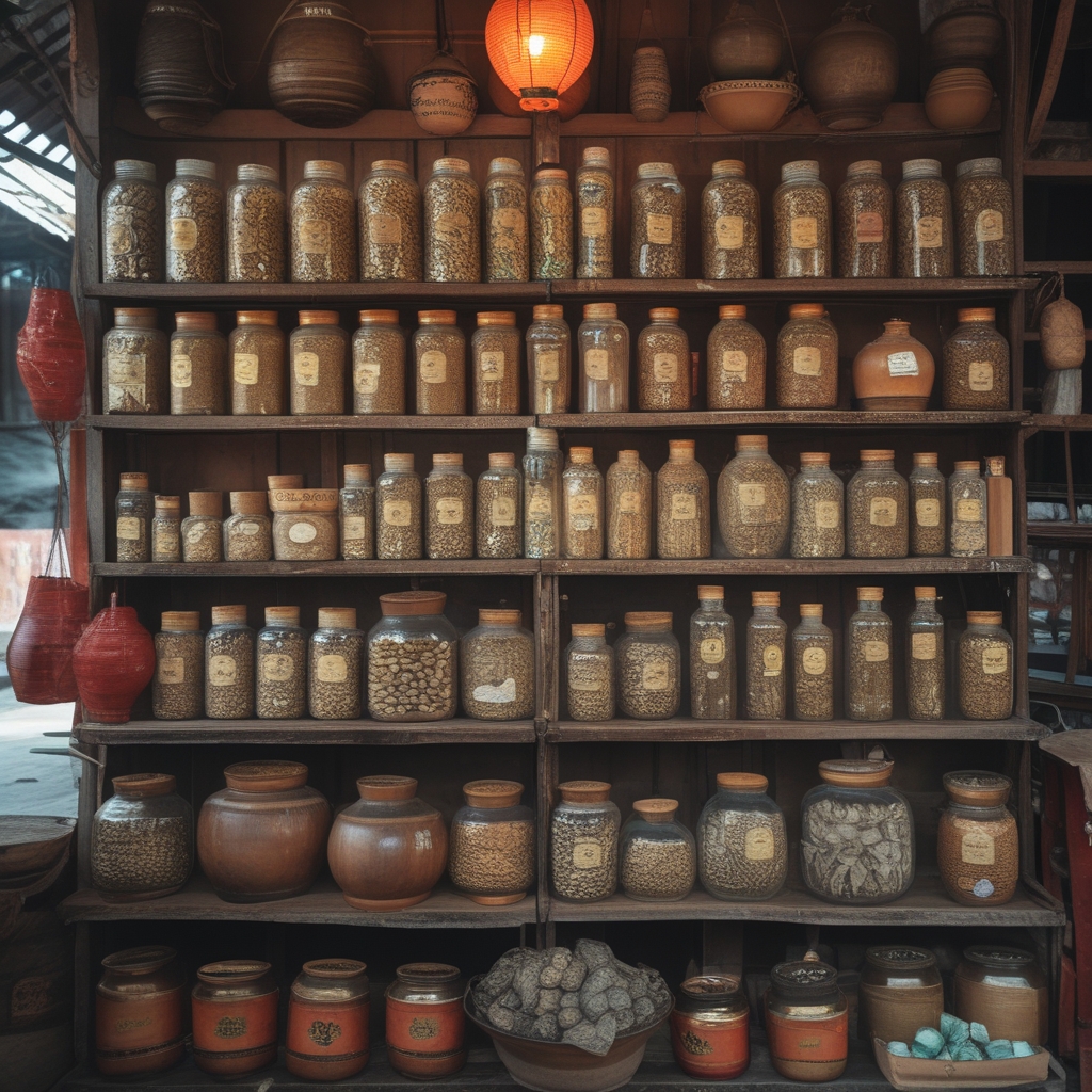 Apotek obat tradisional Tiongkok kuno dengan banyak laci kayu berisi ramuan kering, rimpang, dan biji-bijian, diterangi cahaya hangat kekuningan dari lampu tradisional