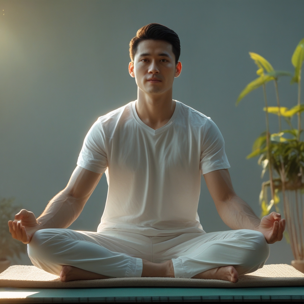 Pria berusia paruh baya sedang melakukan peregangan di taman yang tenang pada pagi hari, duduk di atas matras hijau di rumput, posisi butterfly stretch, cahaya matahari pagi yang hangat